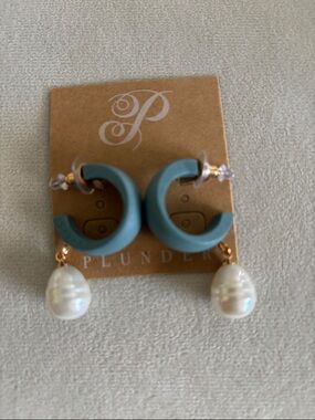 Plunder Teal Crescent Hoop Earrings with Pearl Drops